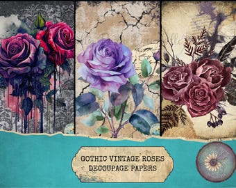 Gothic Vintage Roses Decoupage Papers, Handmade Craft Supplies, DIY Crafts