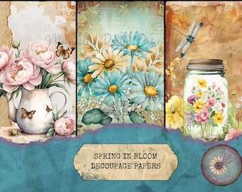 Spring in Bloom Decoupage Papers – Vintage Distressed, DIY Crafts, Floral Papers