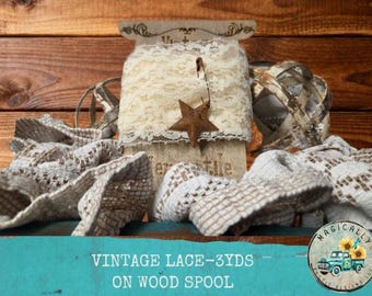 Vintage Lace Trim, 3 Yards on Wood Spool, Rustic DIY Craft
