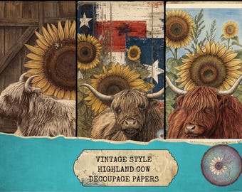 Vintage Highland Cow Decoupage Paper – Rustic Farmhouse Illustration, Crafting Supplies