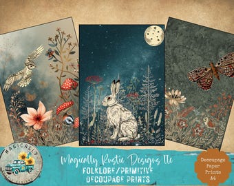 Folklore Decoupage Prints, Vintage Woodland Rabbit, Whimsical Illustrations, Decoupage & Collage Art