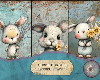Whimsical Easter Decoupage Papers – Vintage Distressed Art for DIY Crafts, Bunny Craft