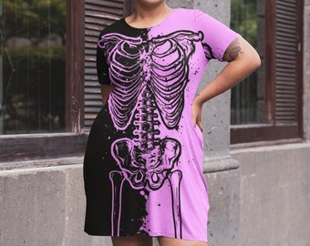 Pink Skeleton T-Shirt Dress: Spooky Gothic Halloween Fashion