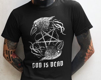 God Is Dead T-Shirt, Pentagram Crow Design, Satanic Occult Tee