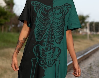 Green Skeleton T-Shirt Dress: Spooky Gothic Oversized Shirt
