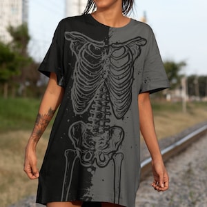 Grey Skeleton T-shirt Dress - Halloween Shirt Spooky Oversized T-Shirt Gothic Shirt Goth Clothing Dark Fashion Black Bones Dress Crop Top