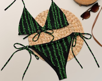 October Rust Bikini: Green Thorns Recycled String Swimwear
