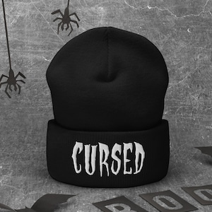 Cursed Beanie - Horror Beanie Halloween Beanie Witch Beanie Gothic Beanie Goth Beanie Gothic Clothing Embroidered Beanie Spooky Beanie Black