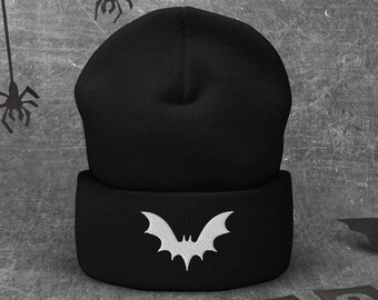 Embroidered Bat Beanie - Spooky Gothic Halloween Costume