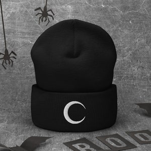 Moon Beanie - Witch Beanie Gothic Beanie Spooky Beanie Halloween Beanie Witchy Vibes Carpe Noctem Embroidered Beanie Cute Beanie Goth Beanie