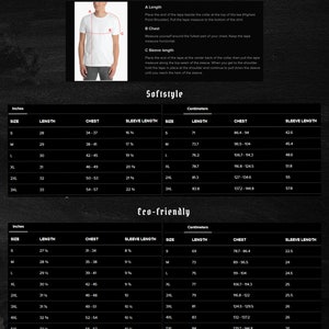 May include: Size guide chart for t-shirts in inches and centimeters. The chart shows the length, chest, and sleeve length for sizes S through 3XL. The chart is divided into two sections: Softstyle and Eco-friendly.