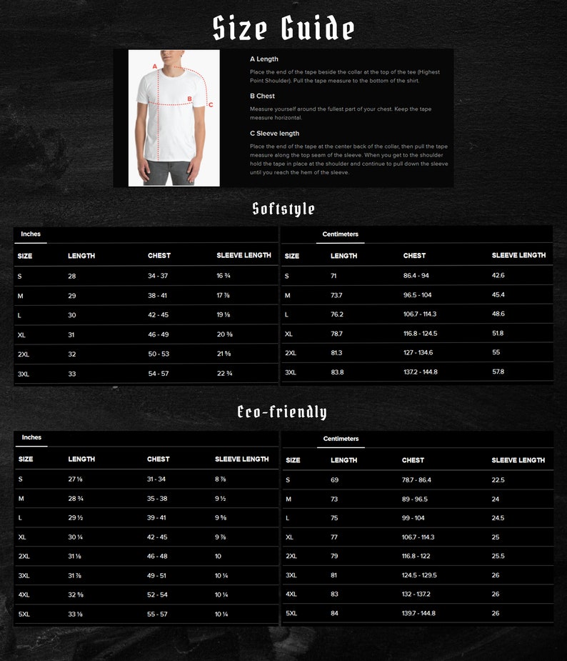 May include: Size guide chart for t-shirts in inches and centimeters. The chart shows the length, chest, and sleeve length for sizes S through 3XL. The chart is divided into two sections: Softstyle and Eco-friendly.