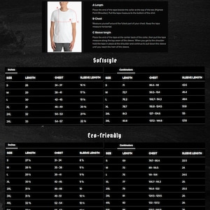 May include: Size guide chart for t-shirts in inches and centimeters. The chart shows the length, chest, and sleeve length measurements for sizes S through 3XL. The chart is divided into two sections: Softstyle and Eco-friendly.