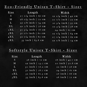 Puede incluir: Tabla de tallas para camisetas unisex ecol&oacute;gicas y de tacto suave. La tabla muestra las tallas de la S a la 5XL con las medidas de longitud y anchura correspondientes en pulgadas y cent&iacute;metros.