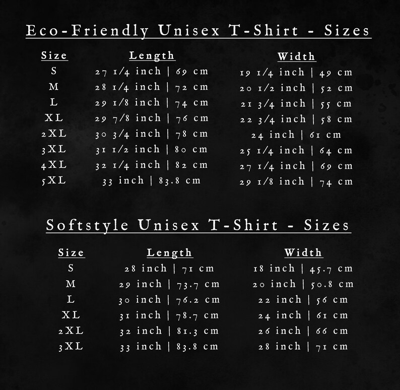 Puede incluir: Tabla de tallas para camisetas unisex ecol&oacute;gicas y de tacto suave. La tabla muestra las tallas de la S a la 5XL con las medidas de longitud y anchura correspondientes en pulgadas y cent&iacute;metros.
