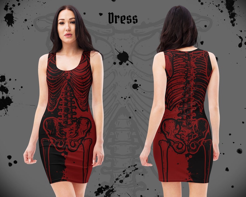 K&ouml;nnte beinhalten: Ein rotes, &auml;rmelloses Kleid mit einem schwarzen Skelett-Druck. Das Kleid ist figurbetont und hat einen runden Ausschnitt.
