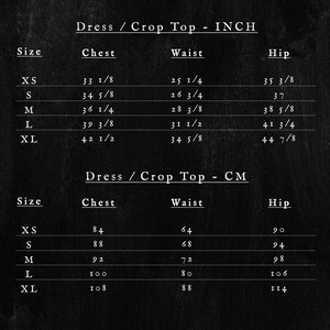 May include: A size chart for a dress or crop top, showing measurements in inches and centimeters for sizes XS through XL. The chart includes measurements for the chest, waist, and hip.