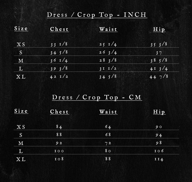 May include: A size chart for a dress or crop top, showing measurements in inches and centimeters for sizes XS through XL. The chart includes measurements for the chest, waist, and hip.