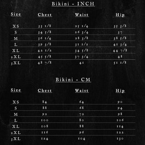 May include: Bikini size chart in inches and centimeters. The chart includes measurements for chest, waist, and hip, with sizes ranging from XS to 3XL. The text is in white against a dark background.
