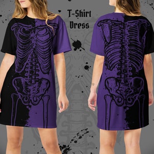 Purple Skeleton T-shirt Dress - Halloween Shirt Spooky Oversized T-Shirt Gothic Shirt Goth Clothing Dark Fashion Black Bones Dress Crop Top
