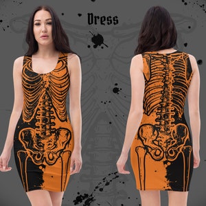May include: Orange and black sleeveless dress with a skeleton print. The dress is fitted and has a scoop neck.