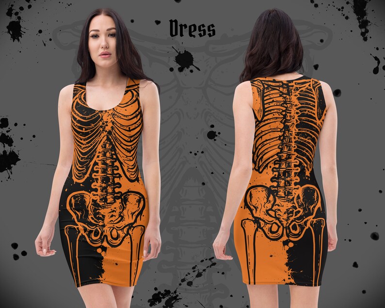 May include: Orange and black sleeveless dress with a skeleton print. The dress is fitted and has a scoop neck.