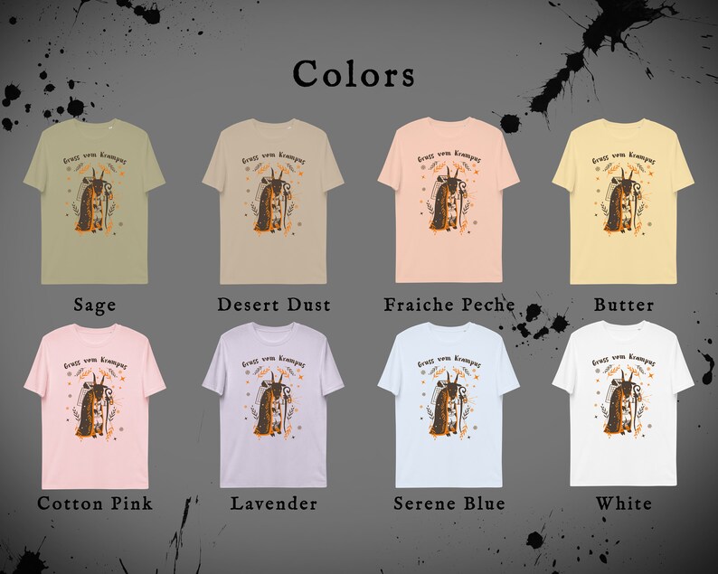 Puede incluir: Un conjunto de diez camisetas de diferentes colores, cada una con un gr&aacute;fico de una figura con una larga barba y un bast&oacute;n, con el texto "Gruss vom Krampus" sobre la figura. Los colores incluyen Sage, Desert Dust, Fraiche Peche, Butter, Cotton Pink, Lavender, Serene Blue y White.