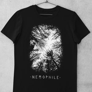 May include: Black t-shirt with a white graphic of a forest canopy and the text ".NEMOPHILE."