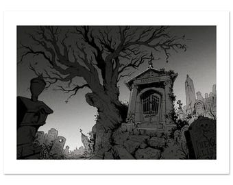 Mausoleo de Van Helsing / Lámina artística / Cementerio tenebroso en blanco y negro