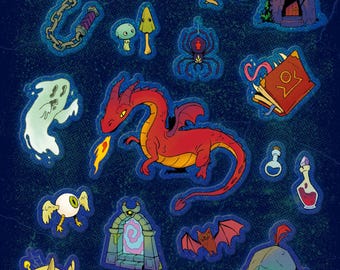 PREVENTA / Hoja de pegatinas 'Dungeon Crawlers' / Pegatinas retro de fantasía de D&D