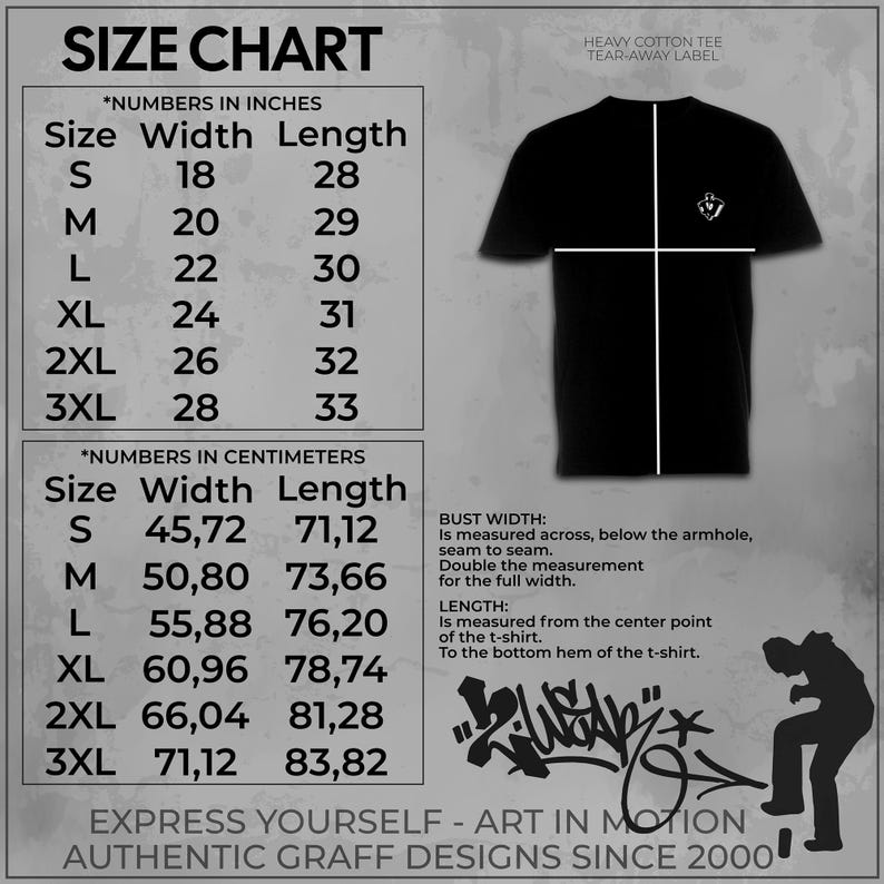 May include: Size chart for a t-shirt with measurements in inches and centimeters. The chart shows the width and length of the shirt in different sizes, from S to 3XL. The chart also includes a black and white illustration of a t-shirt with a graphic design.