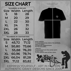 May include: Size chart for a t-shirt with measurements in inches and centimeters. The chart shows the width and length of the shirt in different sizes, from S to 3XL. The chart also includes a black and white illustration of a t-shirt with a graphic design.