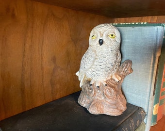 Könnte beinhalten: Weiße Keramik-Eulenfigur auf einem Baumstumpf, mit gelben Augen, auf einem schwarzen Buch.