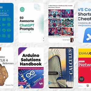 May include: A collection of educational books with various covers. Titles include "Simply Artificial Intelligence", "50 Awesome ChatGPT Prompts", "VS Code Shortcuts CheatSheet", and "Exam Cram Network+". The books are for learning and reference.