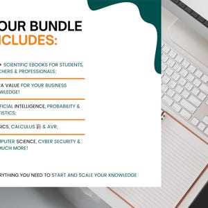 May include: A white graphic with the text "YOUR BUNDLE INCLUDES:" in black and orange. The text lists 450+ scientific ebooks, extra business knowledge, artificial intelligence, physics, computer science, and more. A computer keyboard, notebook, and smartphone are in the background.