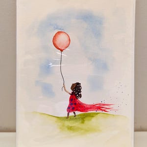 Fille avec ballon, carte de voeux peinte à la main aquarelle fantaisiste, carte de remerciement, carte de remise des diplômes, carte d'anniversaire pour elle, blanc à l'intérieur