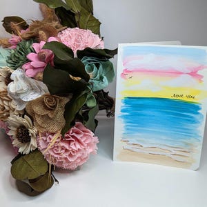 Je t'aime carte de voeux rose et jaune océan coucher de soleil carte aquarelle peinte à la main pour les amoureux de la plage carte de fête des mères carte d'anniversaire d'été