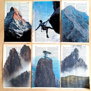 May include: A collage of six images featuring different mountain landscapes. Each image is overlaid on a page of a dictionary, with the mountain taking up the majority of the space. The mountains are depicted in various shades of blue, gray, and brown, with some featuring snow-capped peaks. The dictionary pages are visible in the background, with text and page numbers visible.
