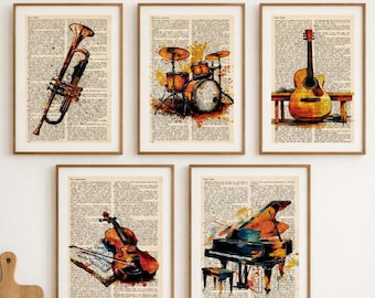 Musical Instruments Dictionary Print Set, Vintage Music Wall Art, Drum Guitar Piano Art, Musician Gift, Music Lover Gift, Dark Academia Deco