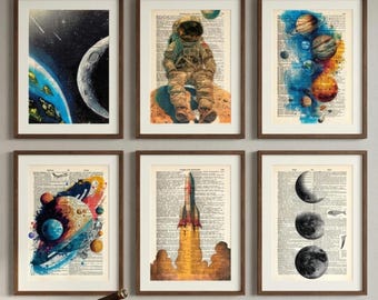 Vintage Space Wall Art Print on Dictionary Page, Solar System Poster, Astronaut Art, Rocket Illustration, Galaxy Decor, Nerdy Science Gift
