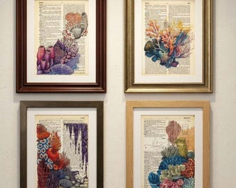 Set of 4 Art Prints on Old Dictionary Page, Seaweed Wall Art, Ocean Wall Art, Coral Print, Seashell Print