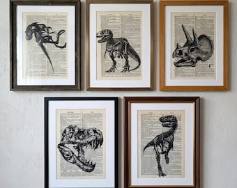 Dinosaur Skeleton Prints on Vintage Dictionary Page, Set of 5 T-Rex Triceratops Wall Art, Dark Academia Decor, Paleontology Gift, Unframed