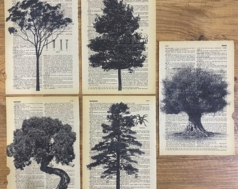 Set Of 5 Trees Print Vintage Dictionary Page, Tree Wall Art, Birch Tree, Aspen Tree, Tree Themed Dictionary Print, Minimalist Wall Art, Tree