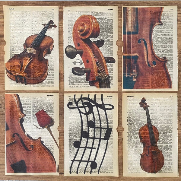 6 Geigen-Wörterbuch Kunstwerk, Galerie-Wand-Set, Musik-Poster, Geigen-Geschenk, Geigen-Kunst, dunkle Academia-Kunst, Geschenk für Musik-Lehrer, Geige