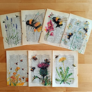 May include: A collection of vintage dictionary pages featuring watercolor paintings of bees and various flowers, including lavender, poppies, and thistles. The artwork incorporates splashes of color and detailed insect illustrations.