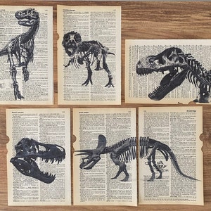 Set of 6 Dinosaur Skeleton Prints on Old Dictionary Page, Dinosaur Lover Gift, Dinosaur Wall Art, Vintage Dinosaur Art, Boys Room Wall Art