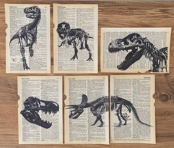 Set of 6 Dinosaur Skeleton Prints on Old Dictionary Page, Dinosaur Lover Gift, Dinosaur Wall Art, Vintage Dinosaur Art, Boys Room Wall Art