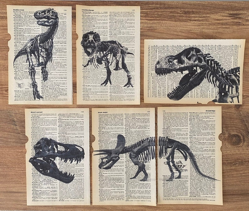 Set of 6 Dinosaur Skeleton Prints on Old Dictionary Page, Dinosaur Lover Gift, Dinosaur Wall Art, Vintage Dinosaur Art, Boys Room Wall Art image 1