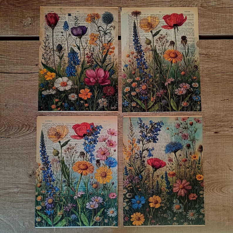 Vintage Wildflower Botanical Print Set, Floral Dictionary Page Wall Art ...