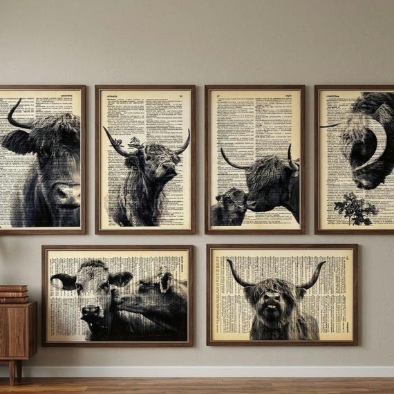 Highland Cow Poster Print Set of 6 On Old Dictionary Pages, Black and White Cow Print Material, Black and White Cow Face Picture Canvas